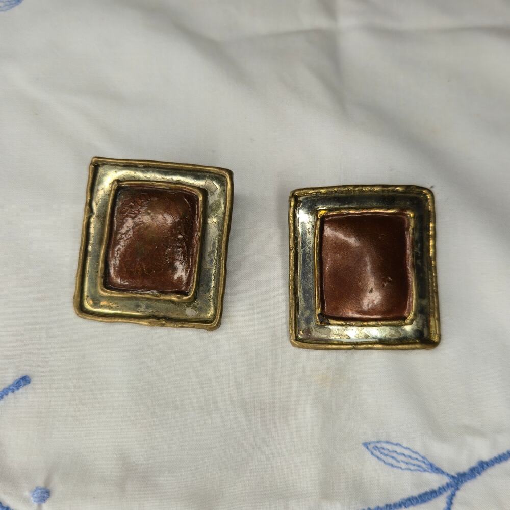 Vintage Unsigned Mixed Metal Brutalist Stud Earrings Copper & Brass